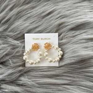 Tory Burch Gold Pearl Hoop Earrings